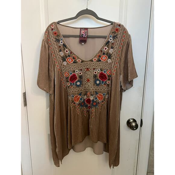 Johnny Was JWLA Classic Raven velvet embroidered draped Boho Blouse 1X beige - Picture 2 of 5